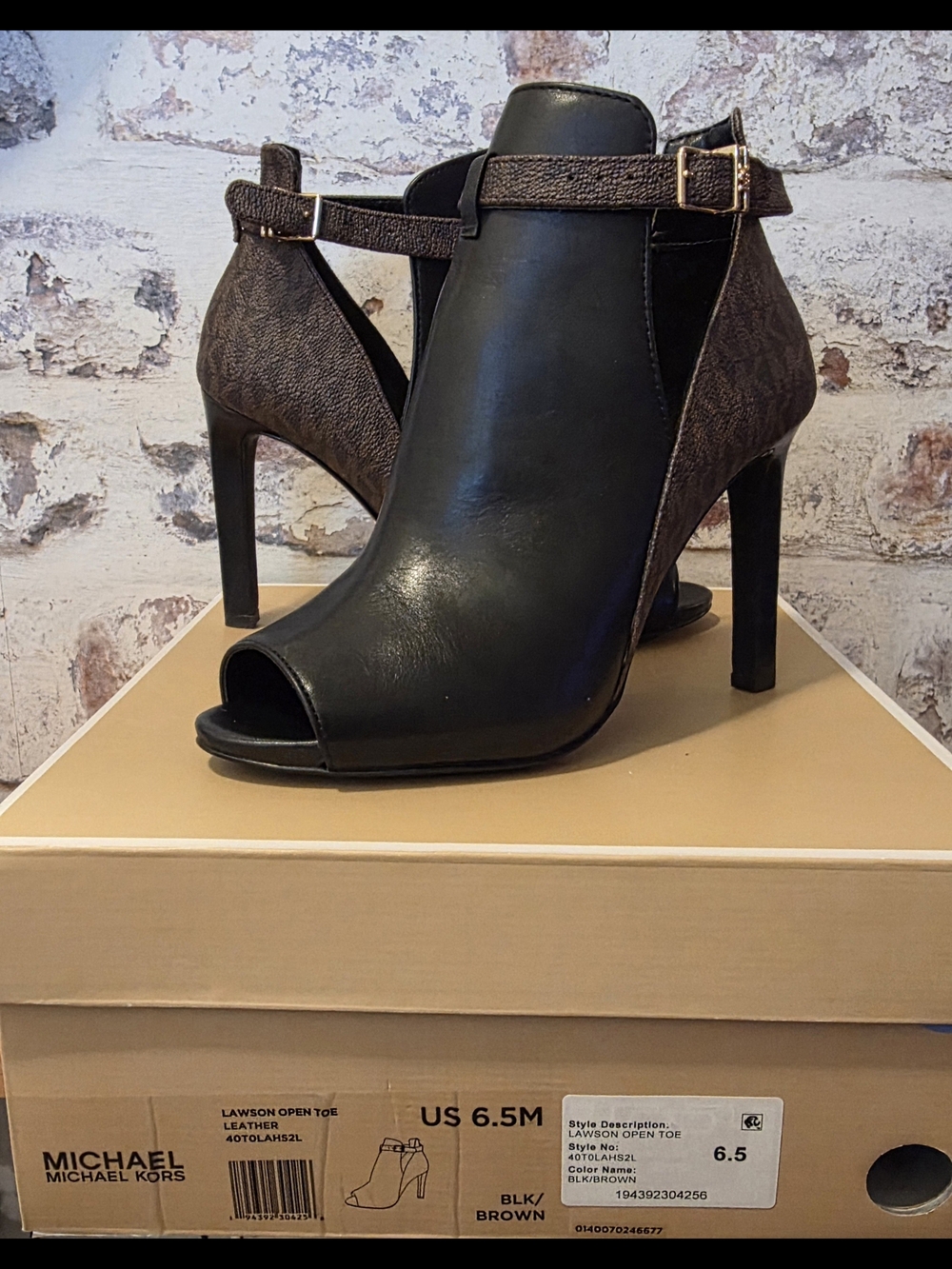 Michael Kors Black and Brown Open-Toe Ankle Booties. 6.5